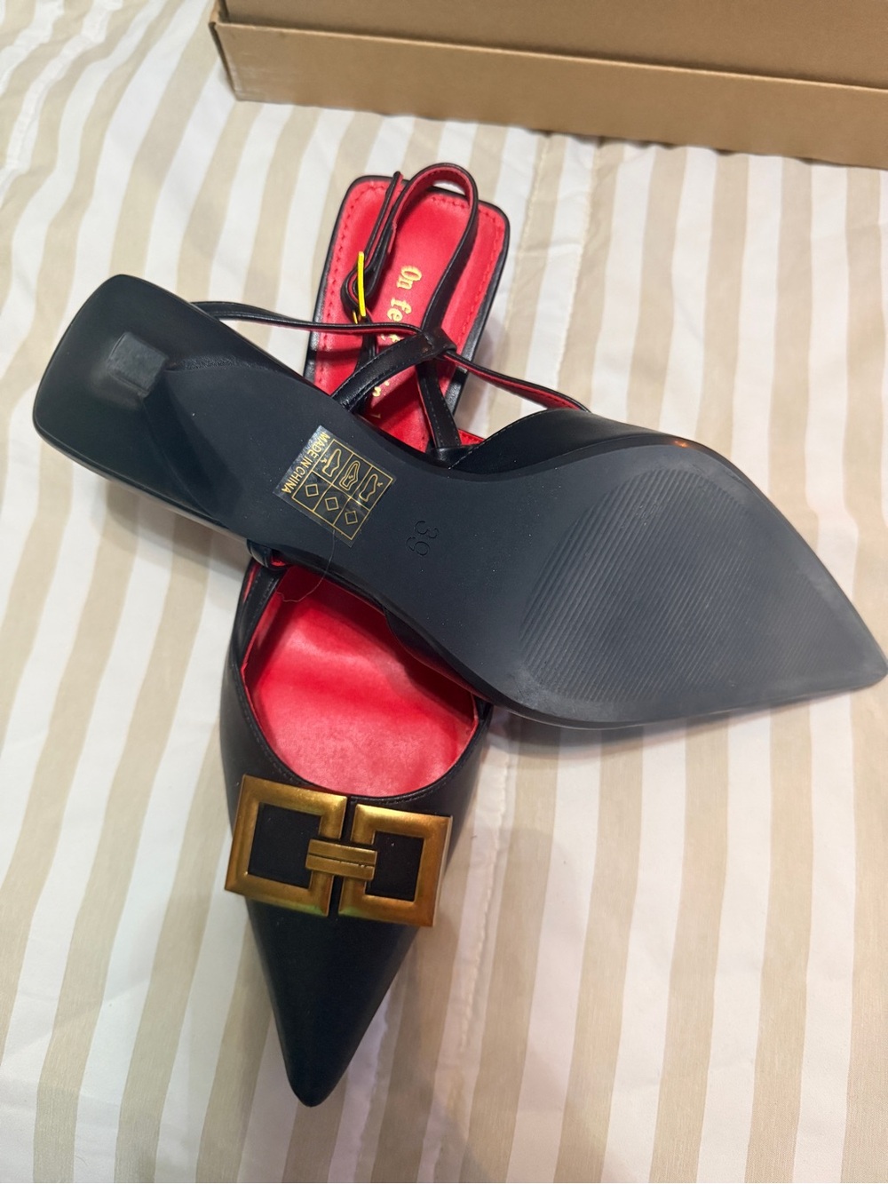 Black Slingback Flats with Red Insole and Gold Accent - Women Shoes - Picture 3 of 4